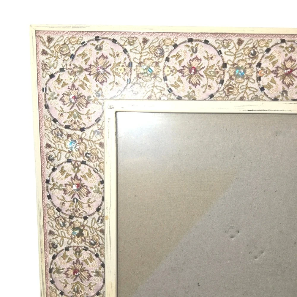 Distressed Metal Glass Photo Frame 5X7 Cream Gold Beaded Embroidered Silk Lined